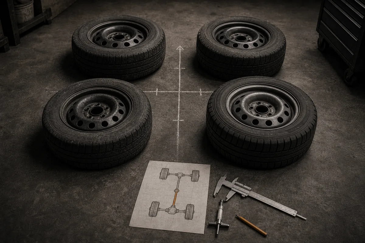 4本のタイヤと摩耗差を測る工具を並べた整備記録写真