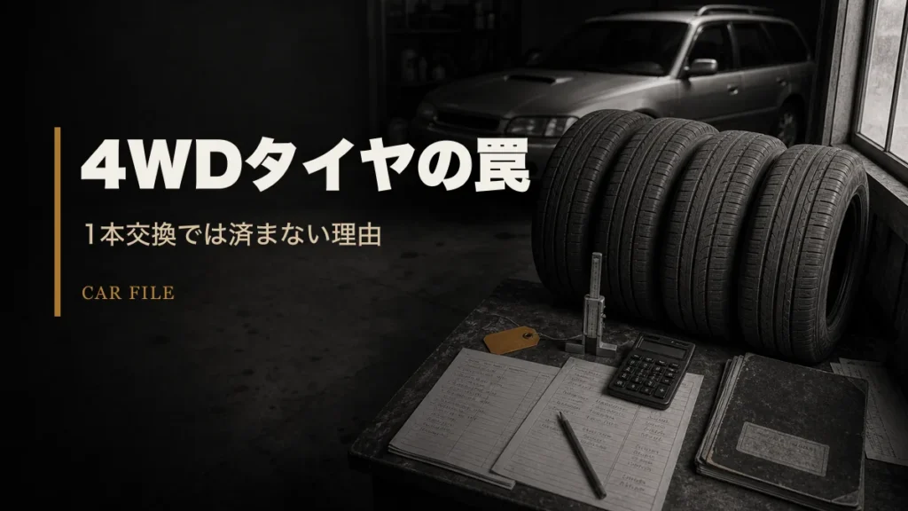 4WD中古車のタイヤ交換費用と維持費リスクを示す、4本のタイヤと整備記録を配置したアイキャッチ画像