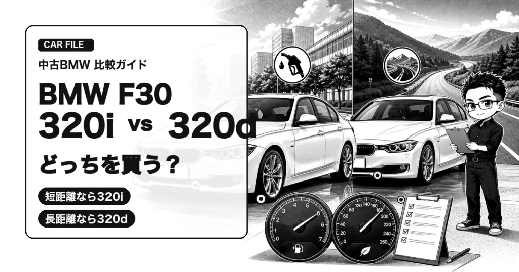 BMW F30の320iと320dを中古で買うならどちらが良いか比較する白黒漫画風アイキャッチ