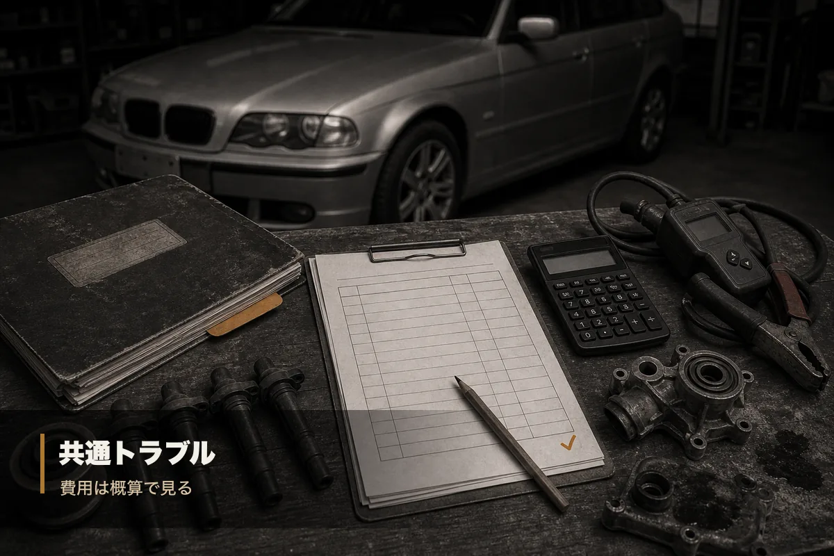 F30の共通トラブルと修理費用目安を整備記録として整理したガレージ写真