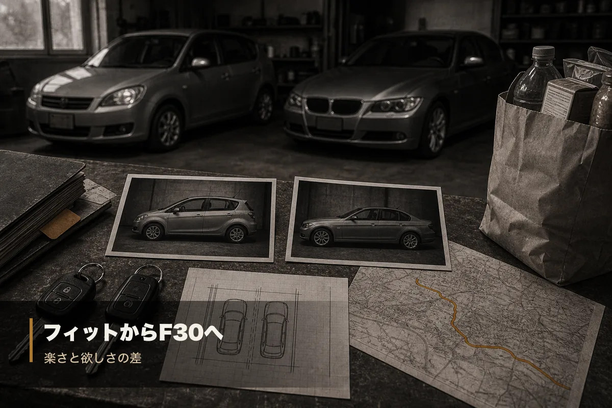 フィットの身軽さとF30の走りへの期待を比較するキーと車両写真の画像