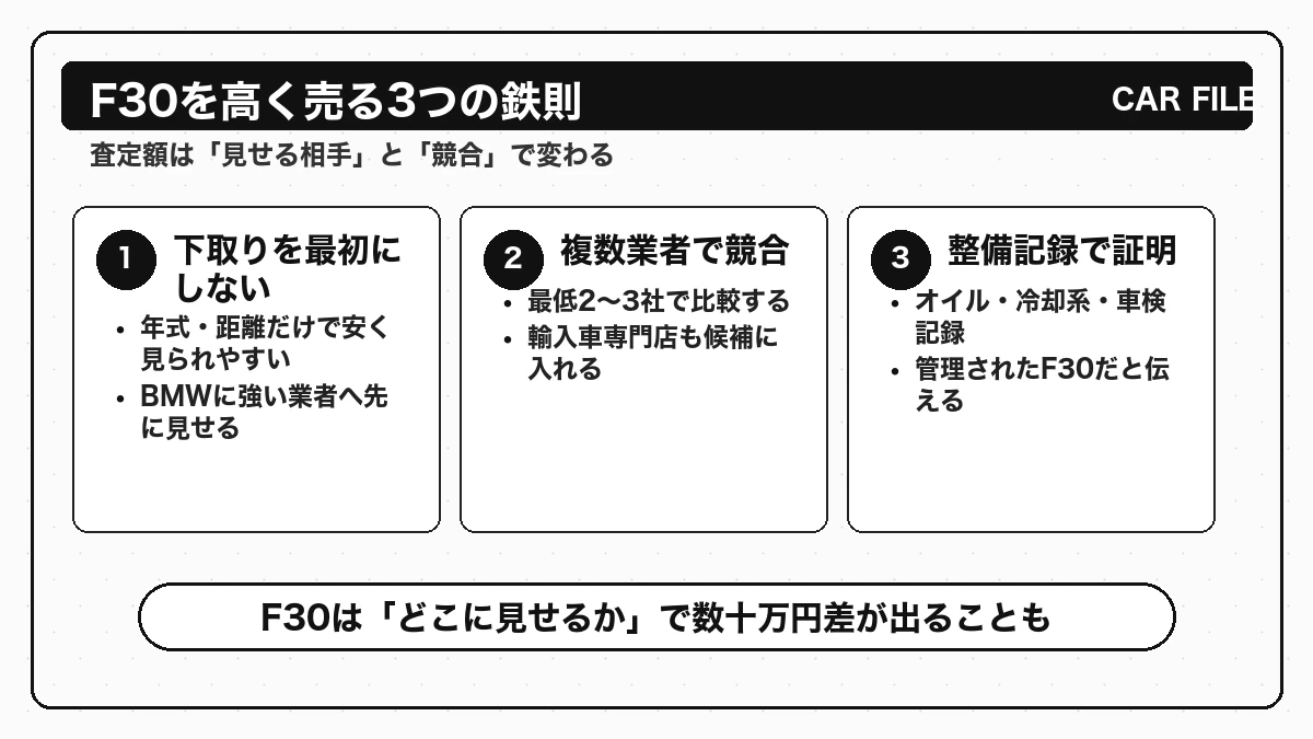 BMW F30を高く売るための3つの鉄則をまとめた図解