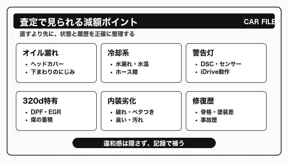 BMW F30の査定で減額されやすいポイントをまとめたチェック図解