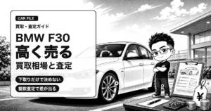 BMW F30を高く売るための買取相場と査定のコツを解説する白黒漫画風アイキャッチ