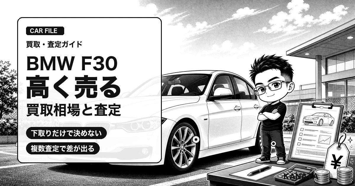 BMW F30を高く売るための買取相場と査定のコツを解説する白黒漫画風アイキャッチ