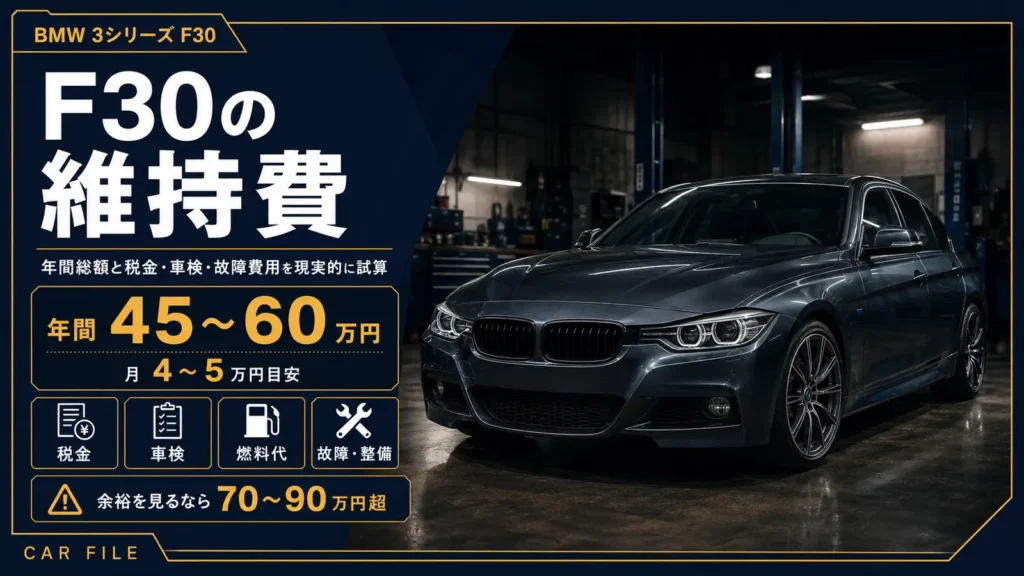 BMW 3シリーズF30の維持費を示すCAR FILEのアイキャッチ画像。年間45万〜60万円、月4万〜5万円目安、税金・車検・燃料代・故障整備費を暗いガレージ背景の車両イメージとともに表示している。