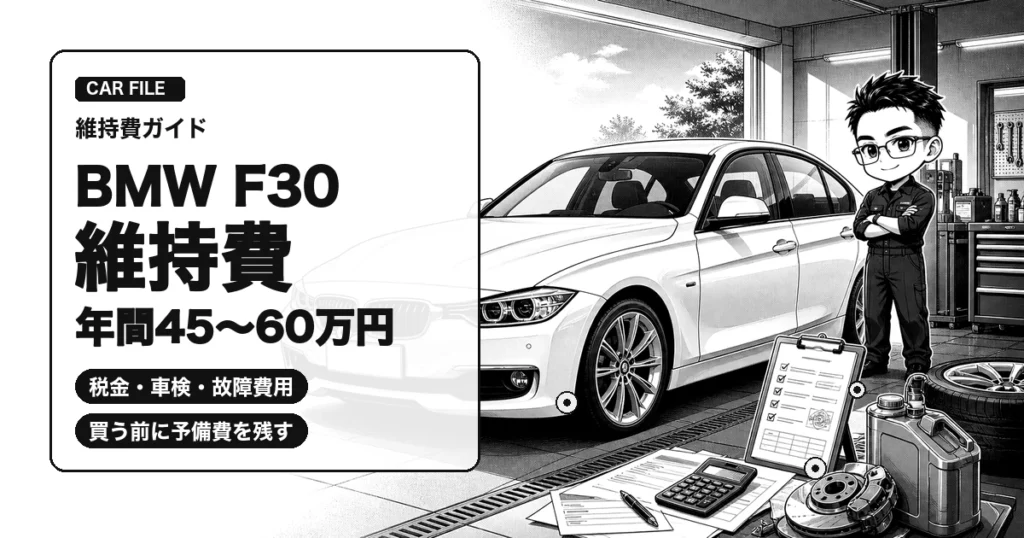 BMW 3シリーズ F30の維持費と年間総額を解説する白黒漫画風アイキャッチ