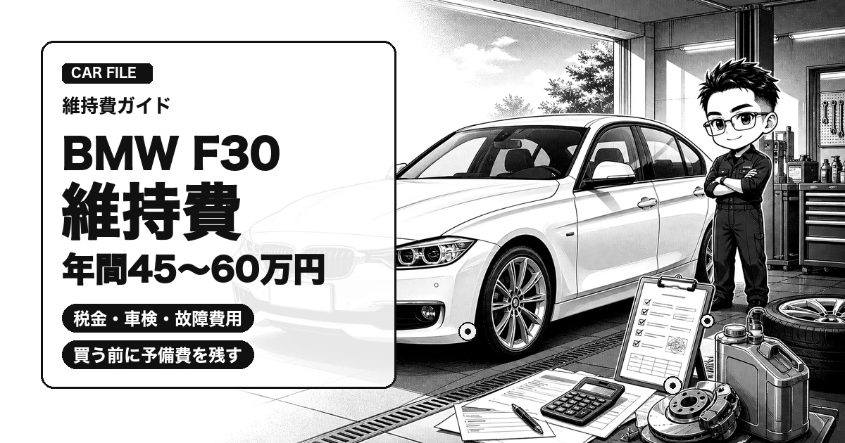 BMW 3シリーズ F30の維持費と年間総額を解説する白黒漫画風アイキャッチ