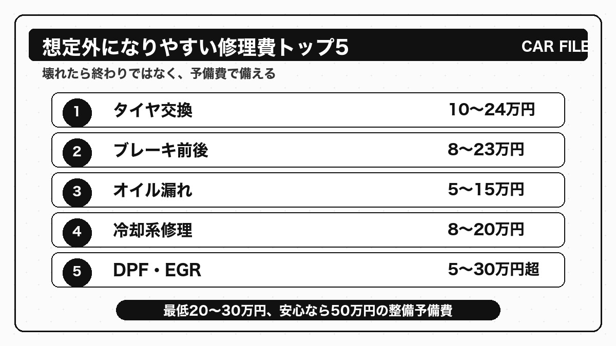 BMW F30で想定外になりやすい修理費トップ5を示した図解