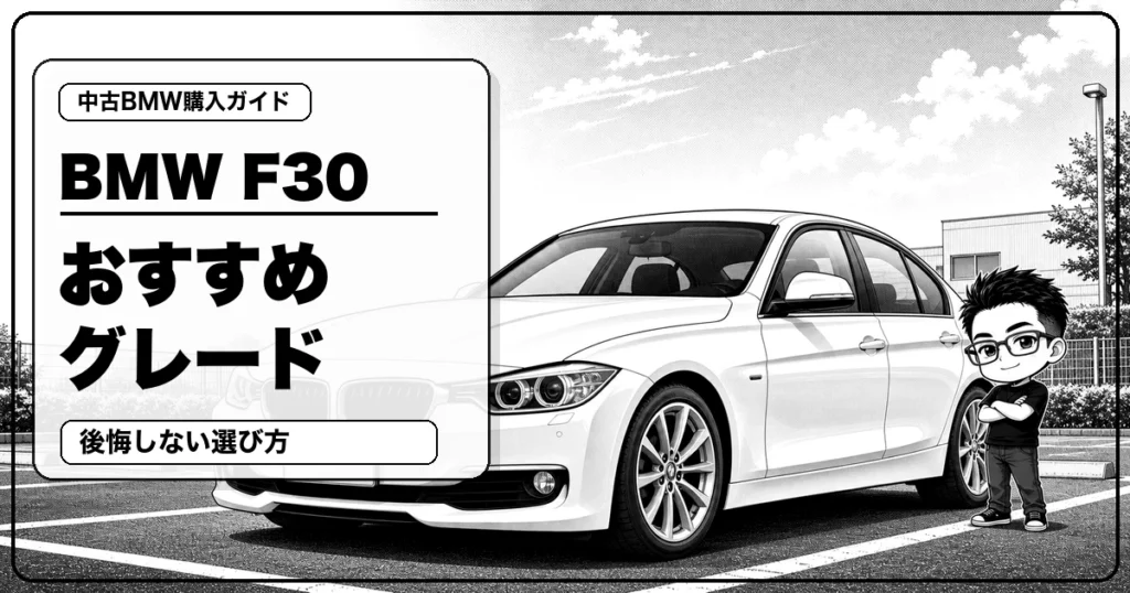 BMW 3シリーズ F30中古のおすすめグレードを解説する白黒漫画風アイキャッチ