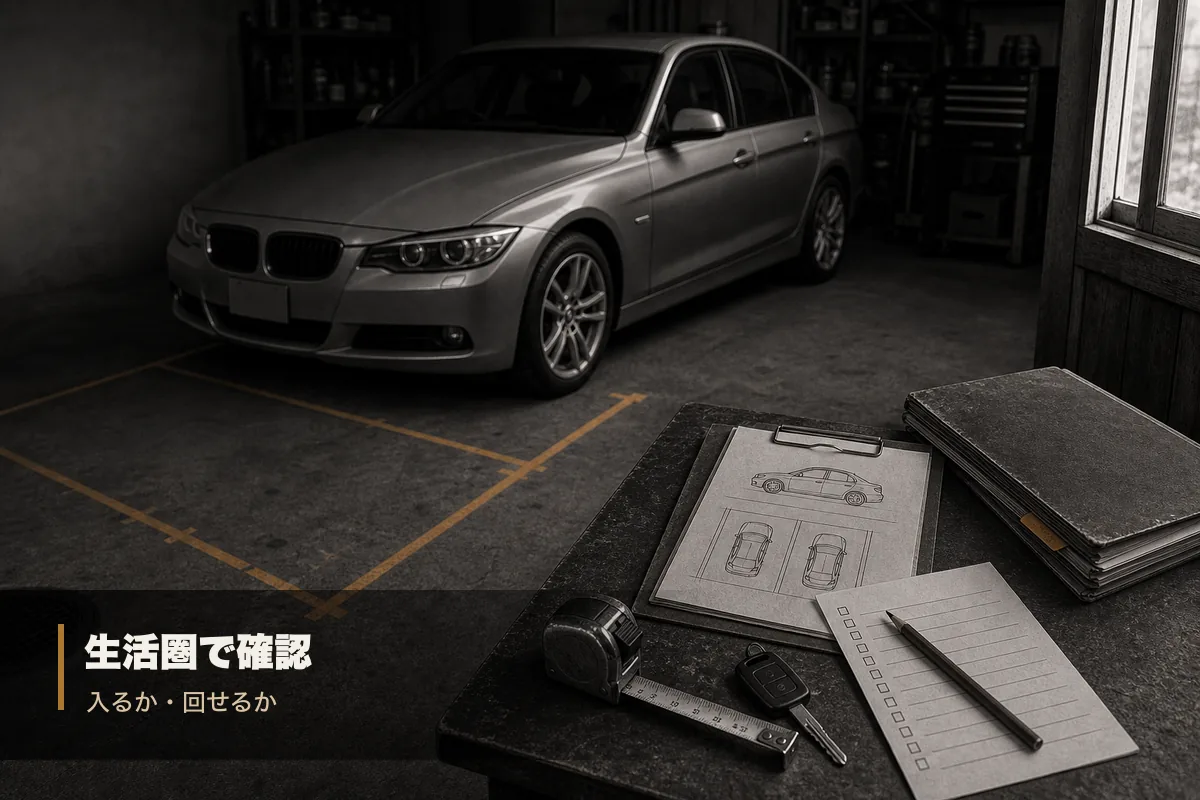 BMW F30を購入前に駐車場や生活動線で扱えるか確認するガレージ写真