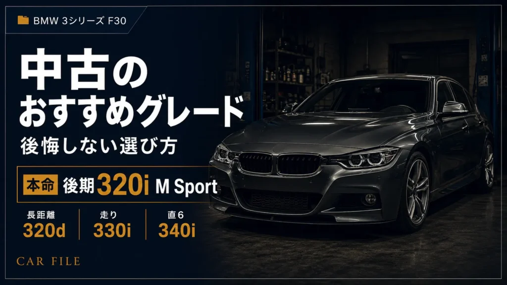BMW 3シリーズF30中古のおすすめグレードを示すCAR FILEのアイキャッチ画像。後悔しない選び方として後期320i M Sportを本命に、長距離向け320d、走り重視の330i、直6の340iを比較している。