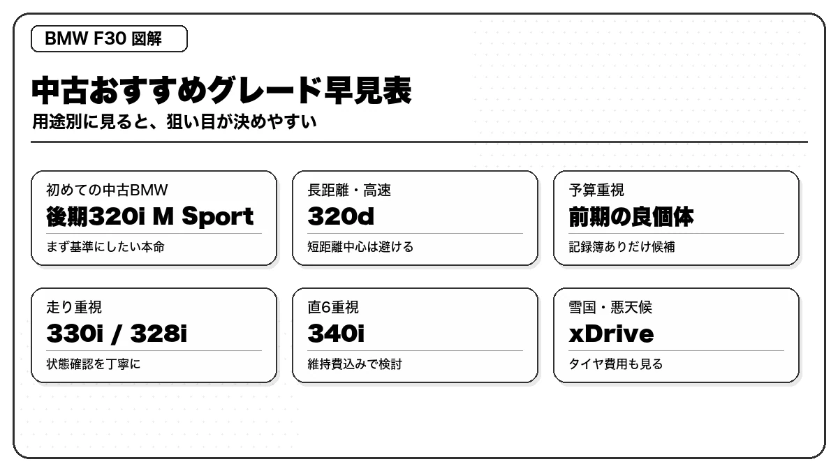 BMW F30中古のおすすめグレードを用途別に整理した早見表