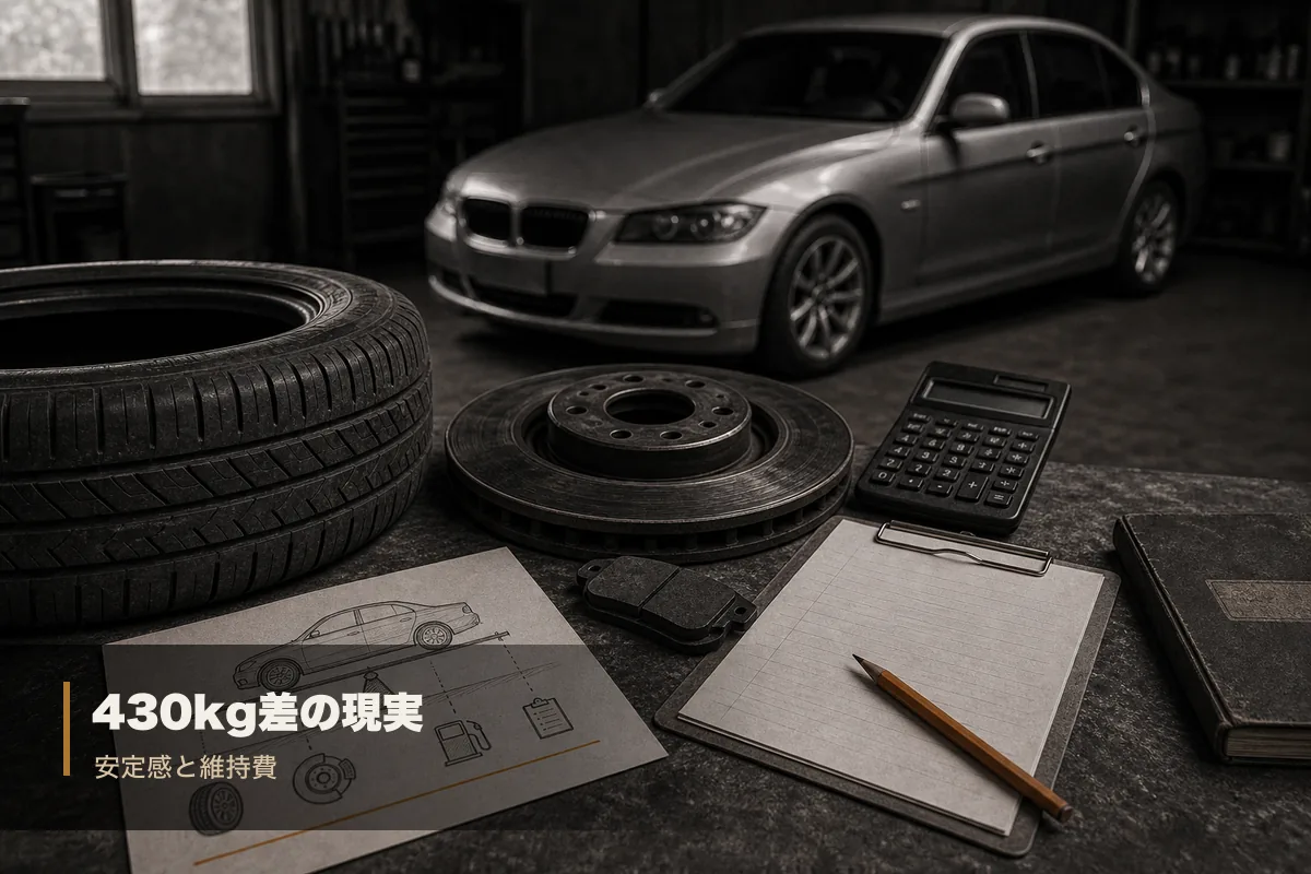 BMW F30の重さがタイヤやブレーキなど維持費に影響することを示す整備記録画像