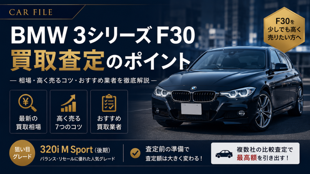 BMW 3シリーズF30の買取査定のポイントを示すCAR FILEのアイキャッチ画像。最新の買取相場、高く売るコツ、おすすめ買取業者、狙い目グレード320i M Sportなどを車両イメージとともに表示している。