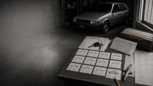 中古車15台の記録を示す整備書類と車のキーが置かれたガレージの机