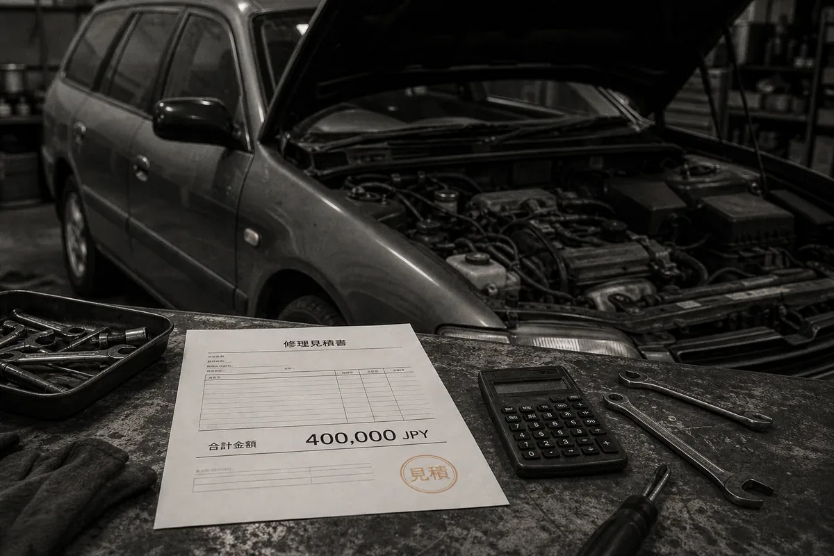 中古車のエンジンルームと40万円の修理見積書