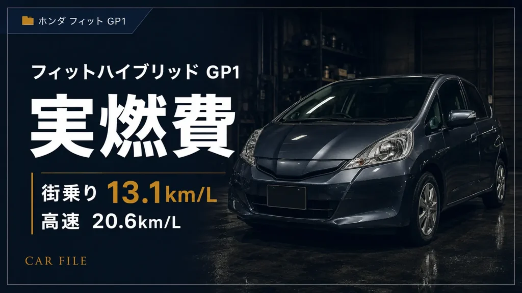 フィットハイブリッドGP1の実燃費を示すCAR FILEのアイキャッチ画像。街乗り13.1km/L、高速20.6km/Lの燃費目安を車両イメージとともに表示している。