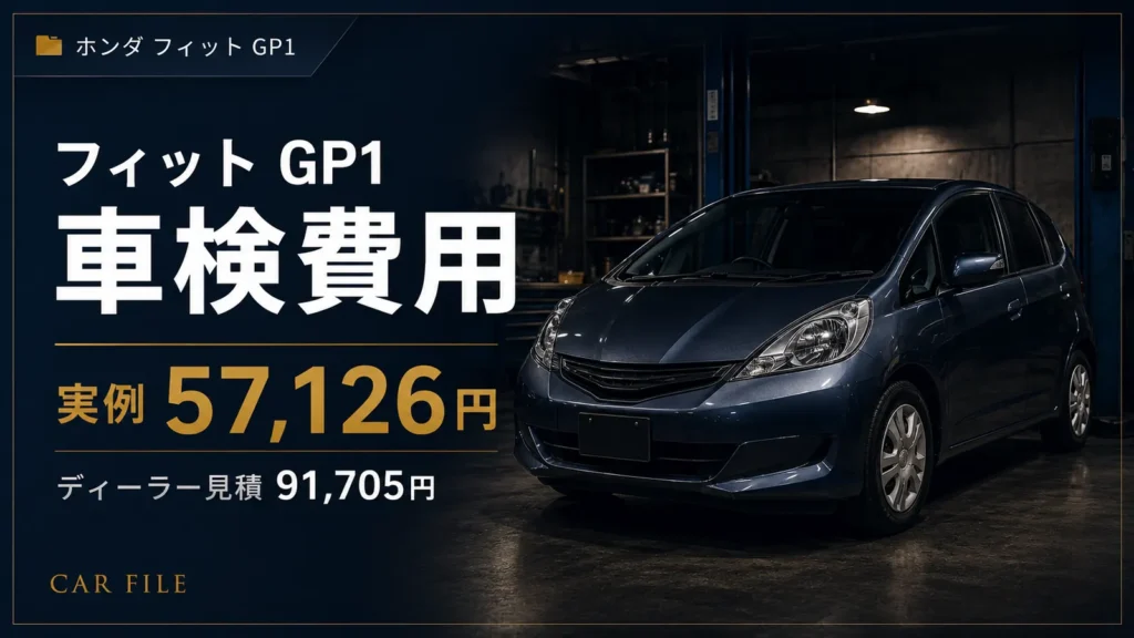 フィットGP1の車検費用を示すCAR FILEのアイキャッチ画像。実例57,126円とディーラー見積91,705円を、暗いガレージ背景の車両イメージとともに表示している。