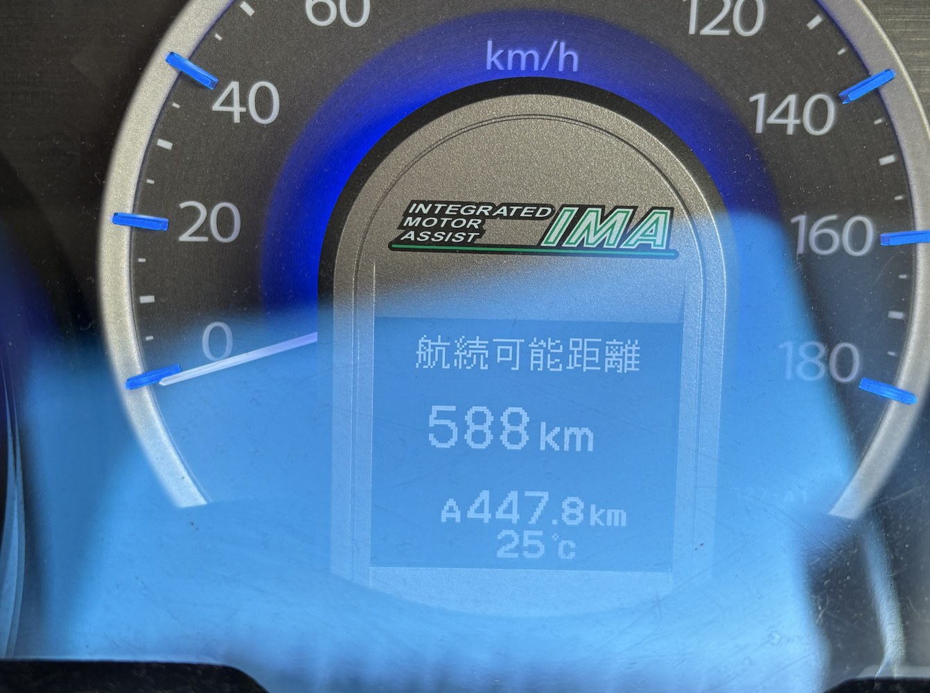 フィットハイブリッドGP1のメーターにトリップA 447.8kmと表示されている写真