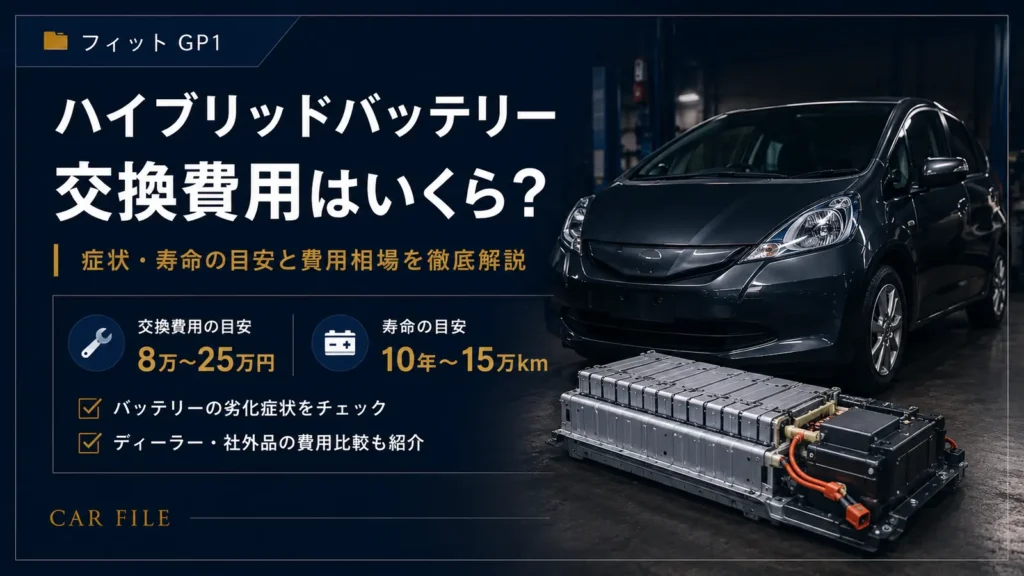 フィットGP1のハイブリッドバッテリー交換費用を示すCAR FILEのアイキャッチ画像。交換費用の目安8万〜25万円、寿命の目安10年〜15万km、劣化症状のチェックを車両とバッテリーモジュールのイメージで表現している。