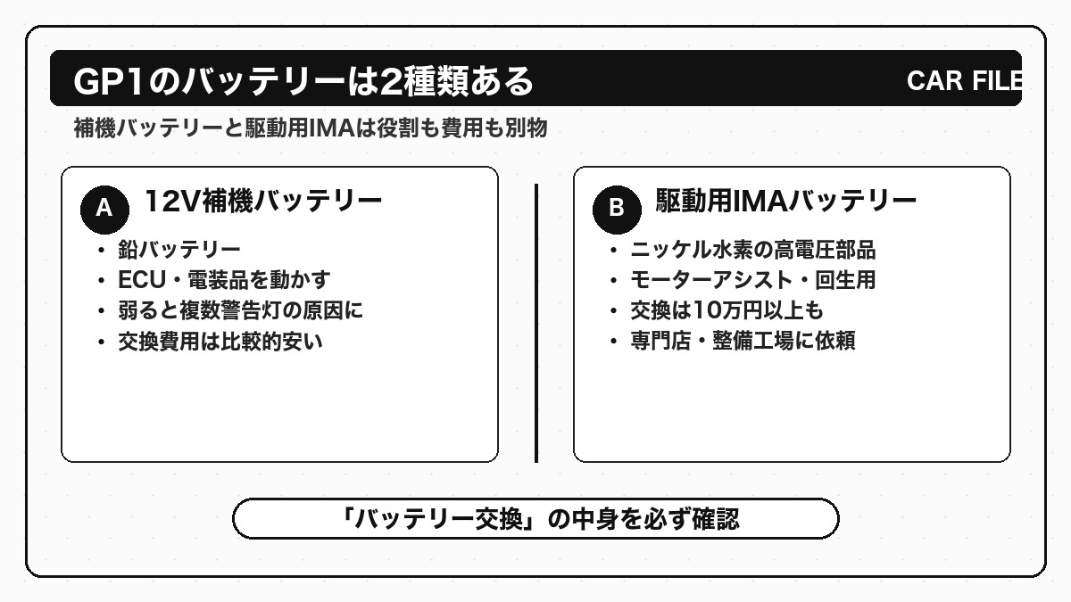 フィットハイブリッドGP1の12V補機バッテリーと駆動用IMAバッテリーの違いを示した図解