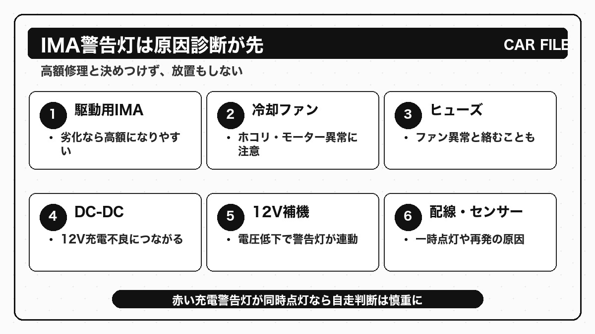 フィットハイブリッドGP1のIMA警告灯で考えられる原因を整理した図解