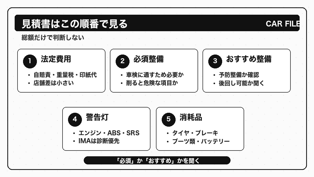 車検見積書を見る時に確認したい法定費用、必須整備、おすすめ整備、警告灯、消耗品のチェックリスト