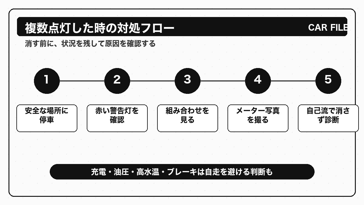 フィットで警告灯が複数点灯した時の対処フローを示した図解