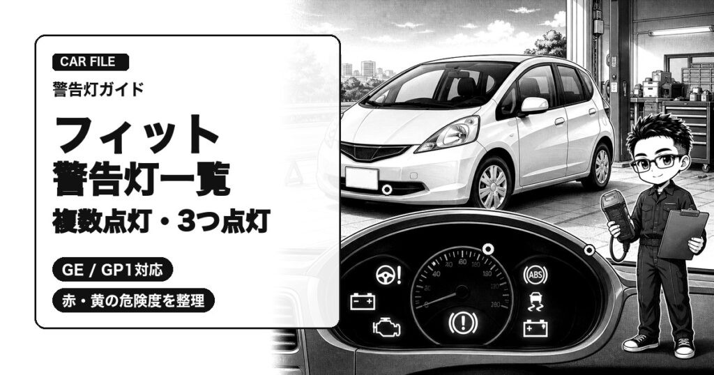 ホンダ フィットの警告灯一覧と複数点灯時の対処法を解説する白黒漫画風アイキャッチ