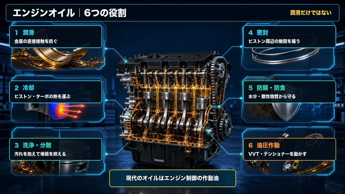 エンジンオイルの潤滑・冷却・洗浄分散・密封・防錆防食・油圧作動という6つの役割