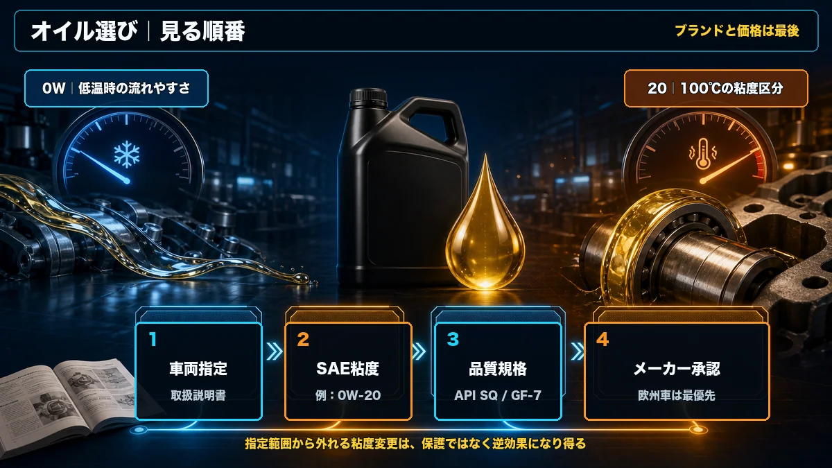 取扱説明書、SAE粘度、API・ILSAC品質規格、メーカー承認の順でエンジンオイルを選ぶ図