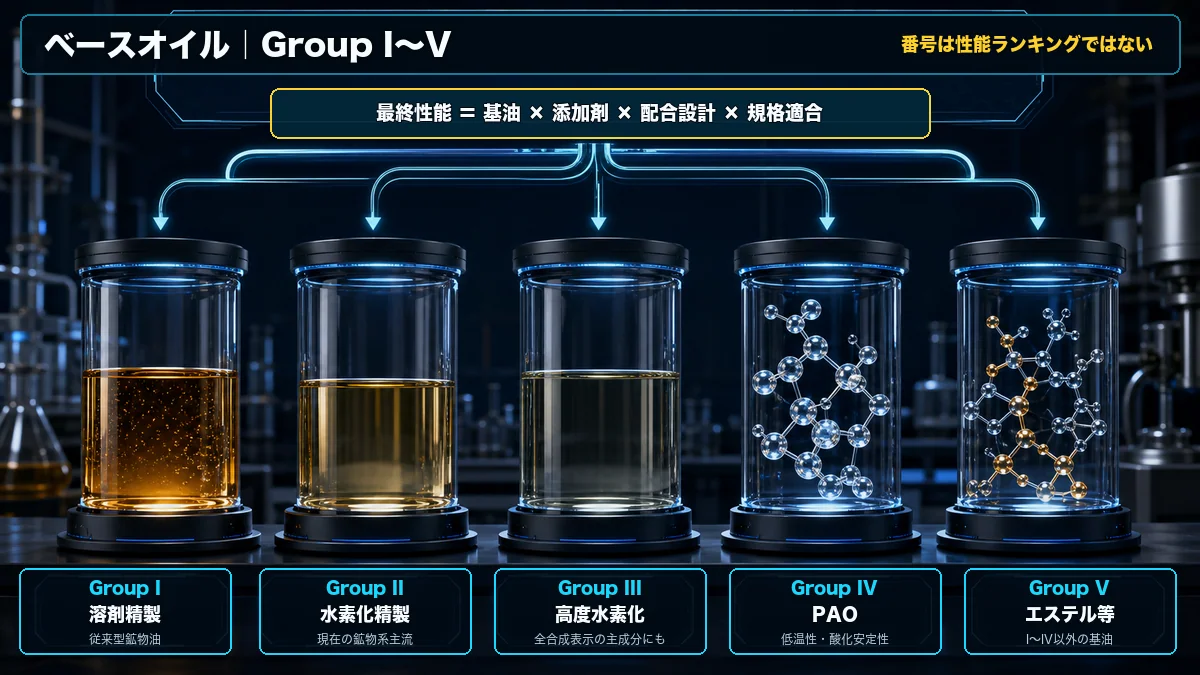 APIベースオイルGroup IからVまでの製法と特徴を比較した図