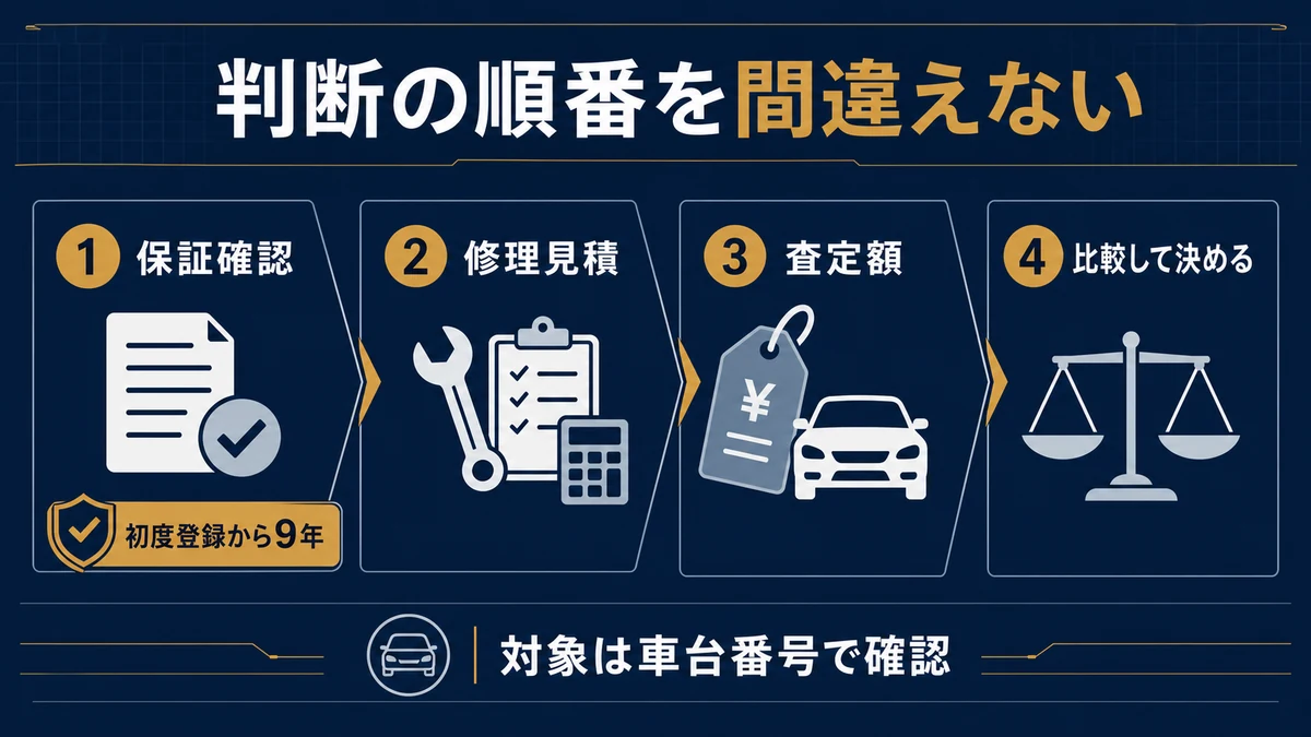 DCT故障時に保証確認、修理見積、査定額、比較の順で判断する流れを示す図解