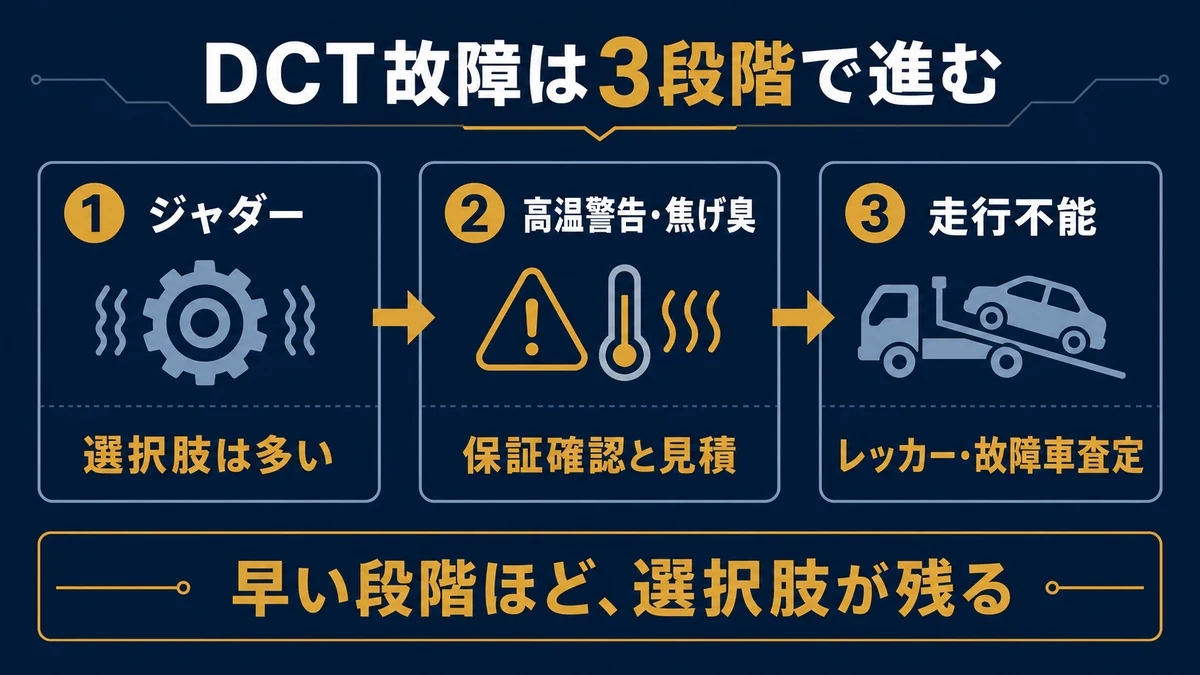 フィット3ハイブリッドのDCT故障がジャダー、高温警告、走行不能の3段階で進むことを示す図解
