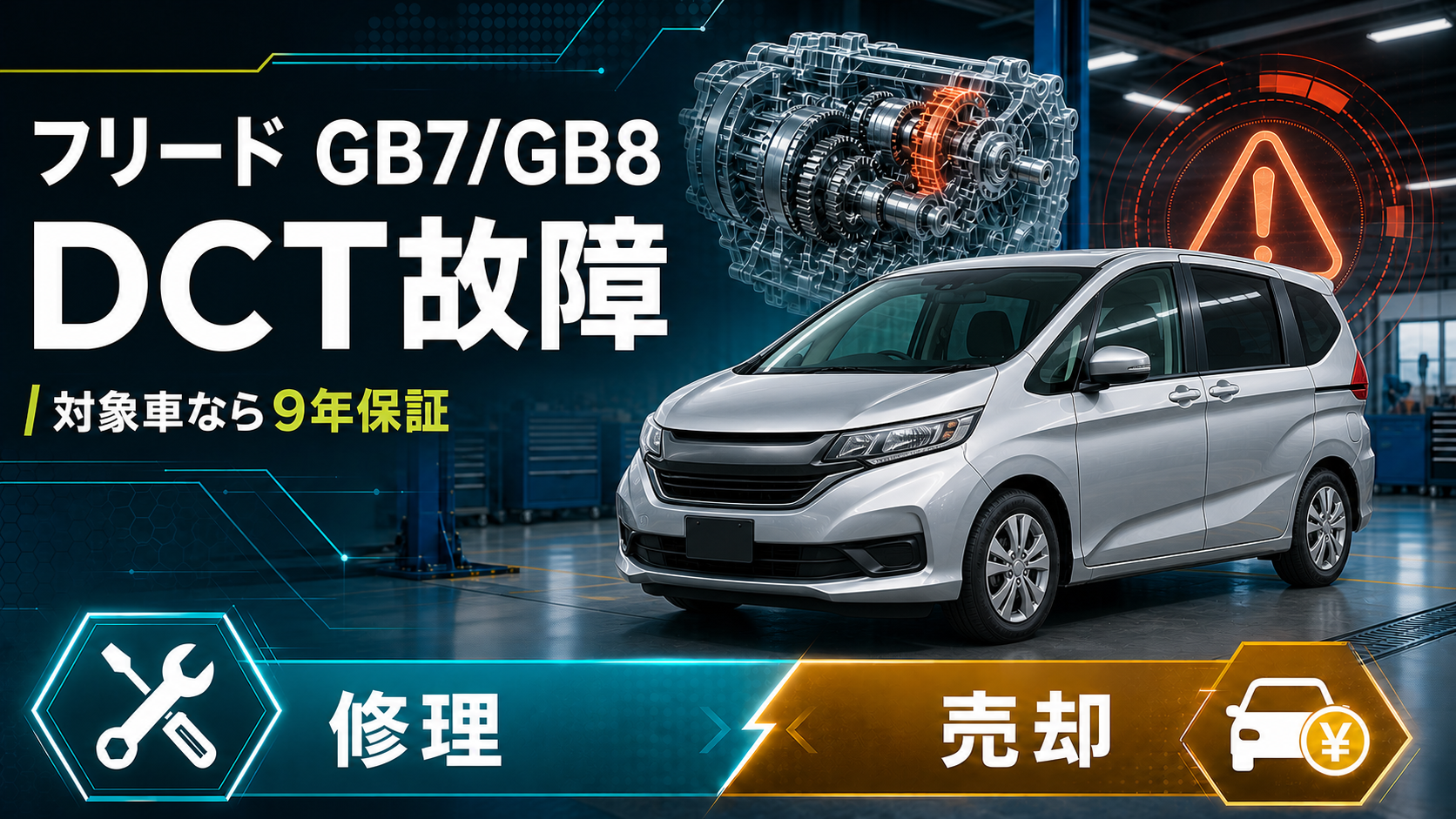2代目フリードハイブリッドGB7・GB8のDCT故障と対象車限定の9年保証、修理か売却かを解説するアイキャッチ
