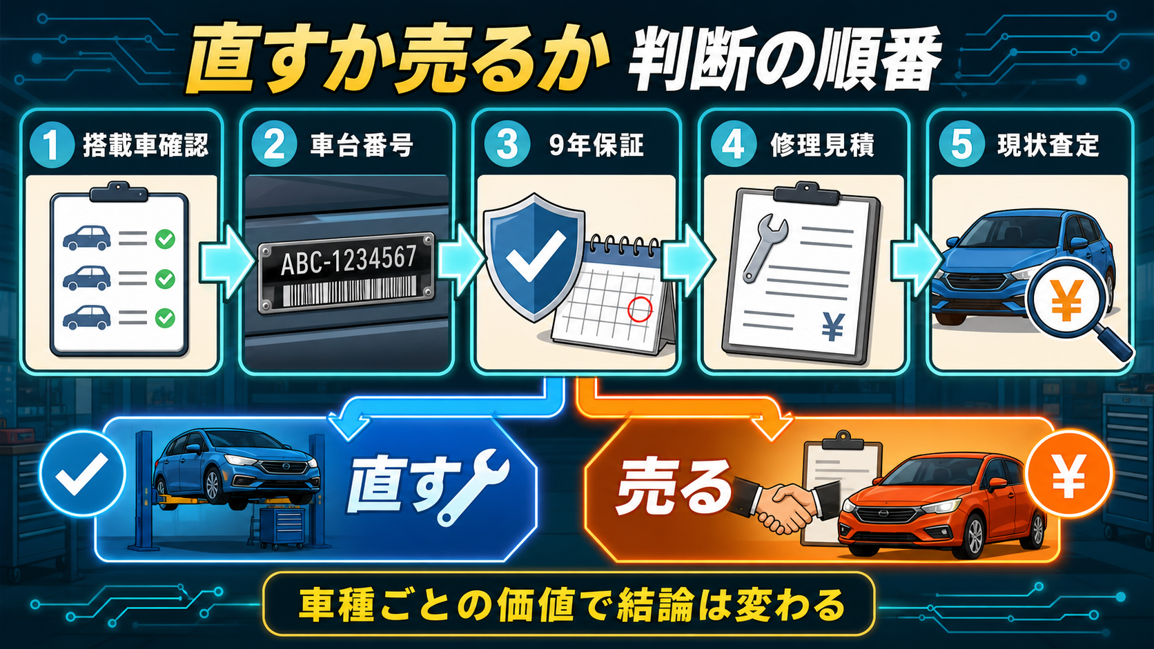 i-DCD故障で搭載車確認、車台番号、9年保証、修理見積、現状査定の順に判断する図解