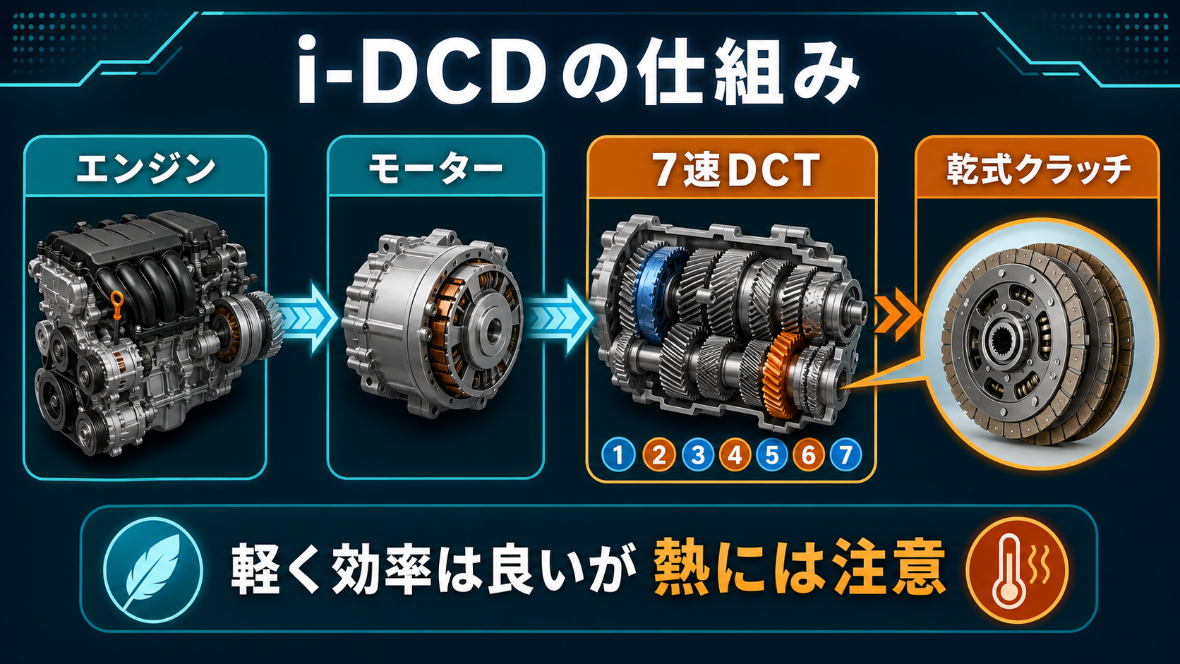 i-DCDがエンジン、モーター、7速DCT、乾式クラッチで構成されることを示す図解