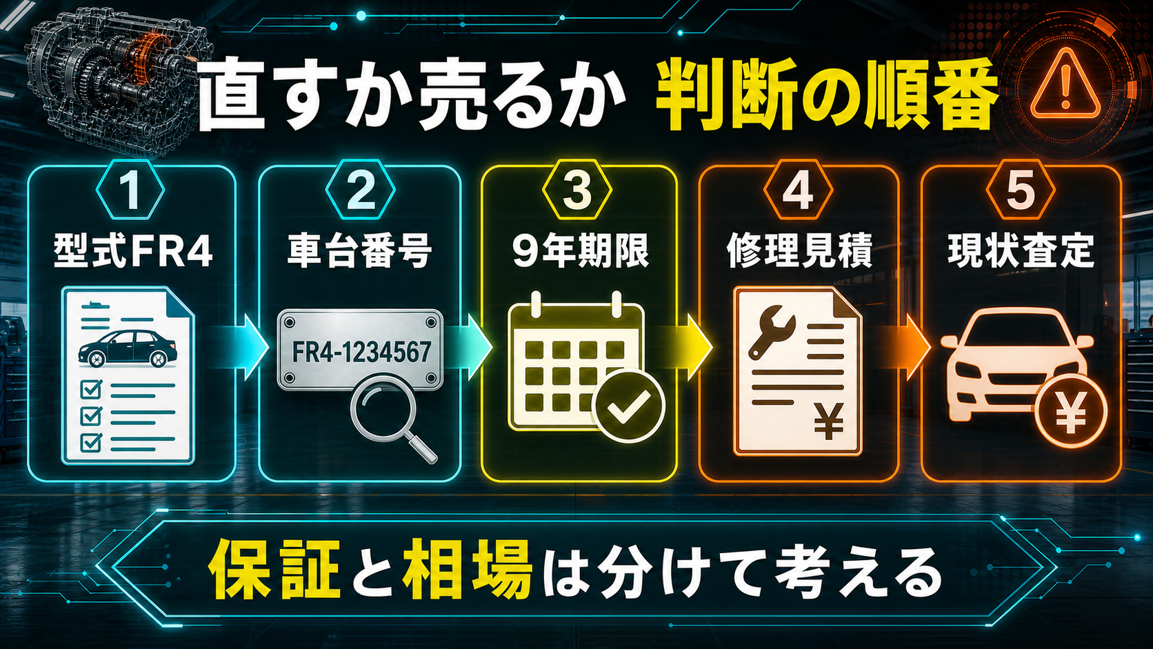 型式FR4、車台番号、9年期限、修理見積、現状査定の順にジェイドのDCT故障対応を判断する図解