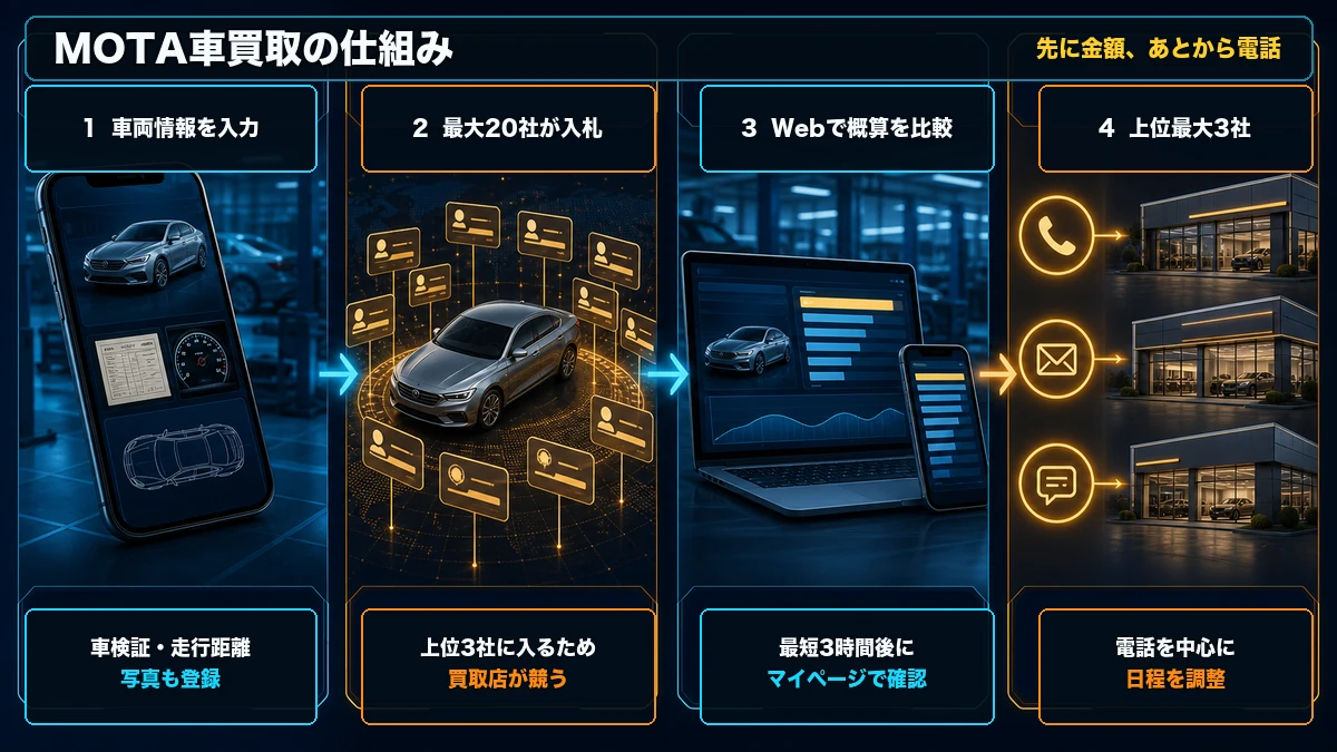 MOTA車買取で車両情報を入力し、最大20社が入札、Webで概算査定額を比較し、上位最大3社から連絡が入る流れ