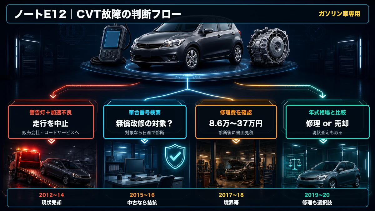 ノートE12のCVT症状で走行中止、車台番号検索、修理費確認、年式相場比較へ進む判断フロー