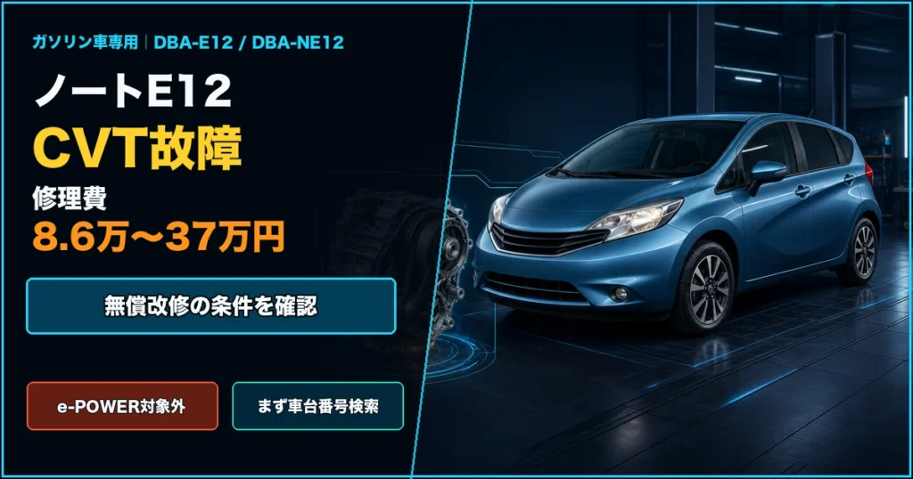 ノートE12ガソリン車のCVT故障と修理費8.6万〜37万円、無償改修の確認を示すアイキャッチ