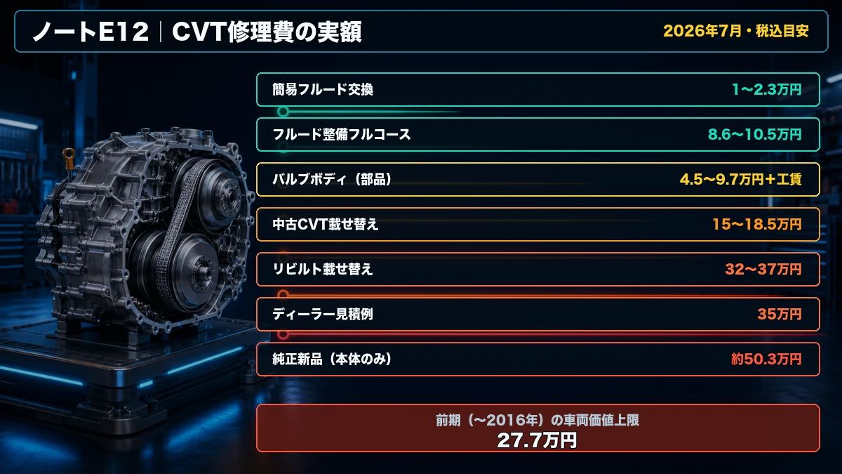 ノートE12のCVT修理費を簡易フルード交換1〜2.3万円から純正新品約50.3万円まで比較した図