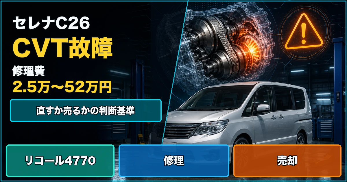 セレナC26のCVT故障と修理費2.5万〜52万円、リコール4770、直すか売るかを示すアイキャッチ