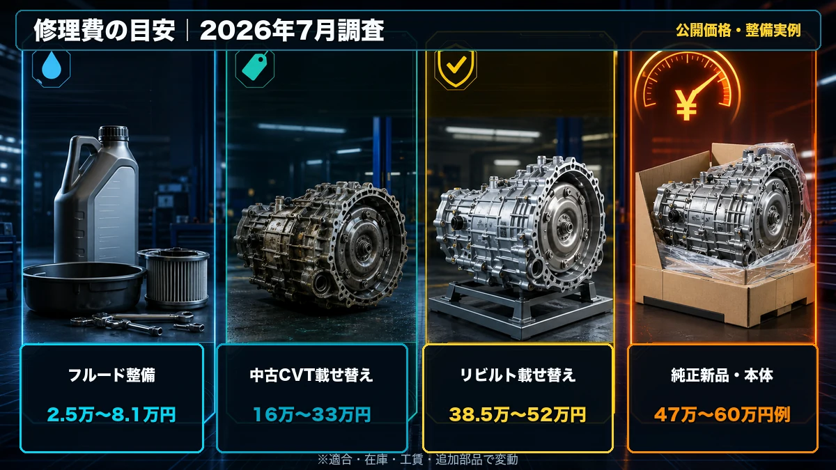 セレナC26のCVTフルード整備、中古載せ替え、リビルト載せ替え、新品の修理費目安