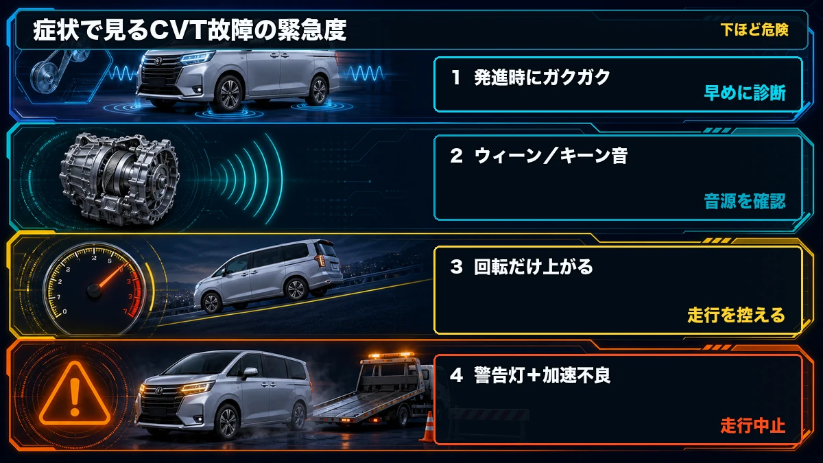 セレナC26のジャダー、異音、滑り、警告灯を緊急度別に整理した図解