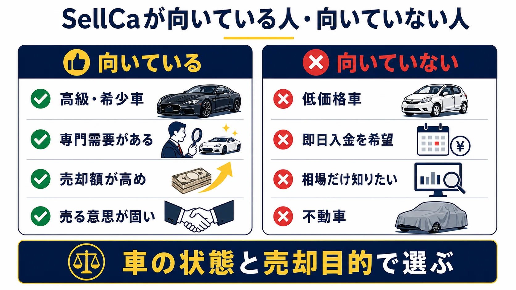 SellCaに向く高価格帯・希少車と他の売却方法も比較したい低価格車・不動車