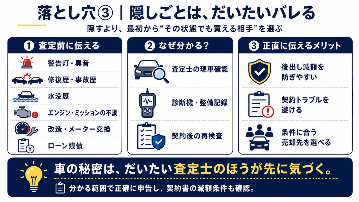 車査定で申告すべき警告灯・修復歴・水没歴・不調・改造・ローン残債と正直に伝えるメリット