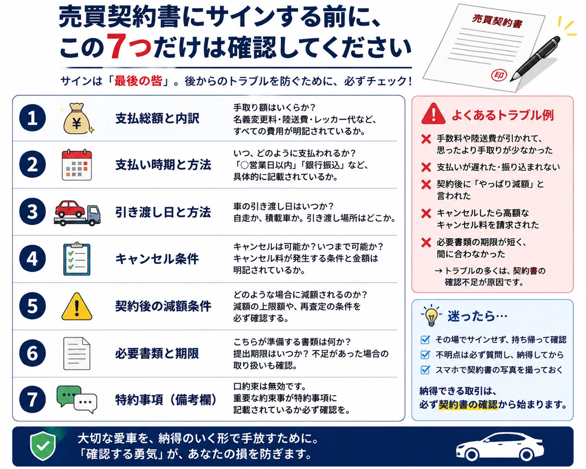 車の売買契約前に確認する支払総額・支払時期・引渡し・キャンセル・減額・書類・特約