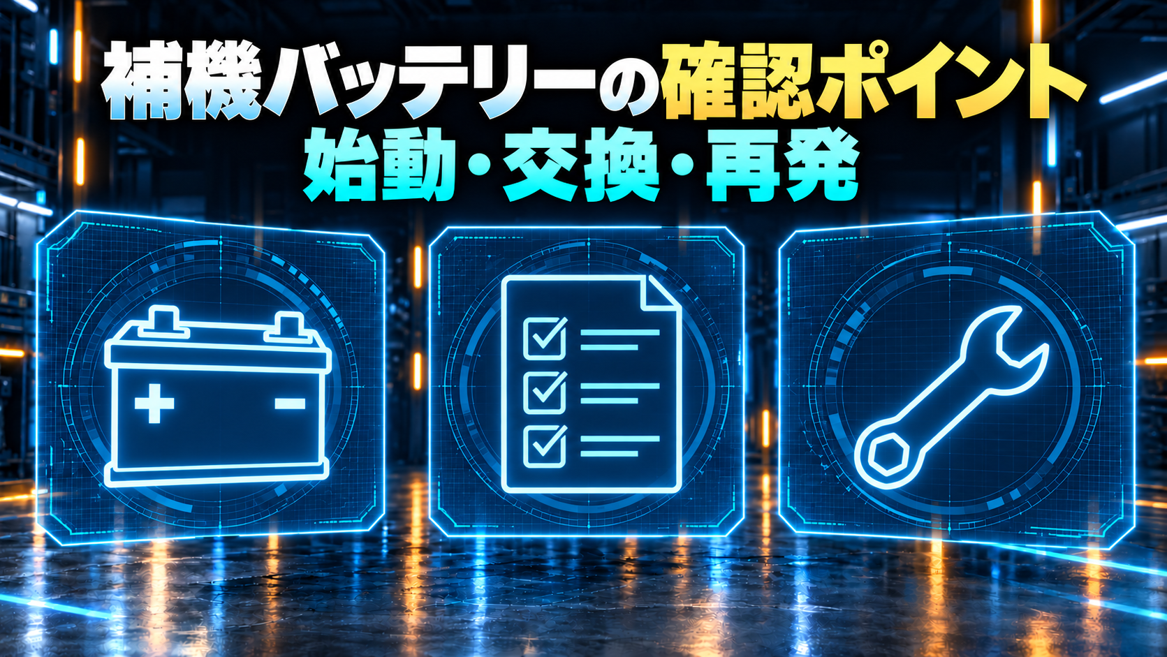 始動、交換、再発時の確認を抽象アイコンで示す概念図